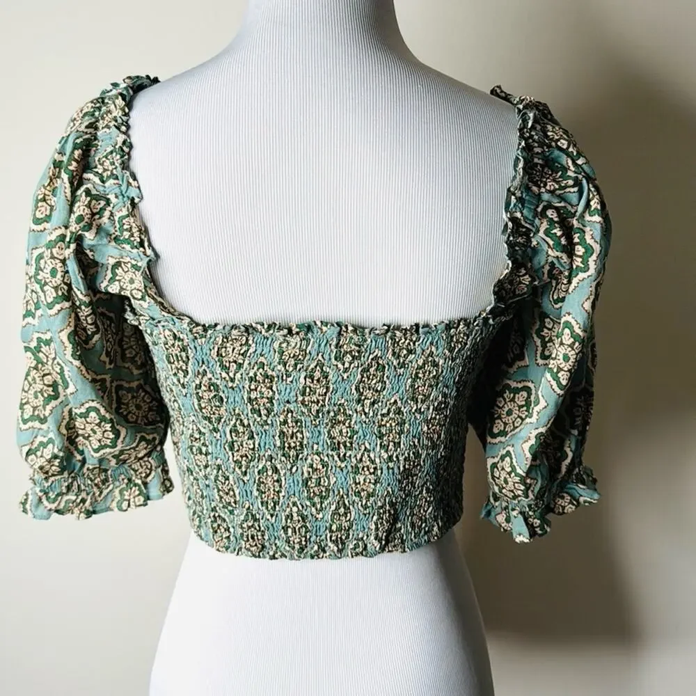 Zara Green Patterned Smocked Puff Sleeve Crop Top